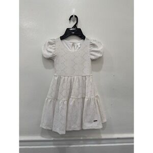 Girls White Eyelet Lace Dress Puff Sleeve Tiered Skater Dress size 5
